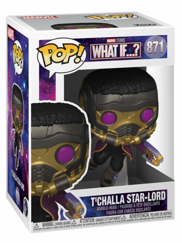 Figurine officielle Funko Pop de T'Challa Star-Lord de la série TV Marvel What If et disponible chez Galaxy Pop le magasin geek