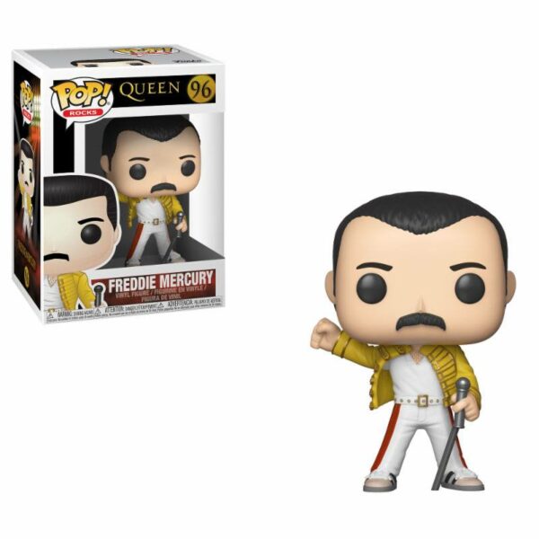 Figurine officielle Funko Pop de Freddie Mercury du groupe Queen et disponible chez Galaxy Pop le magasin geek