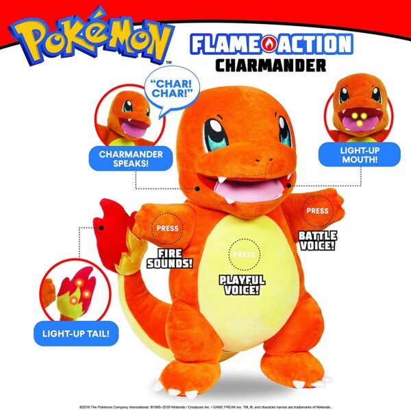 Peluche officielle de Salamèche Flamme Action de la série d'animation Pokémon et disponible chez Galaxy Pop le magasin geek